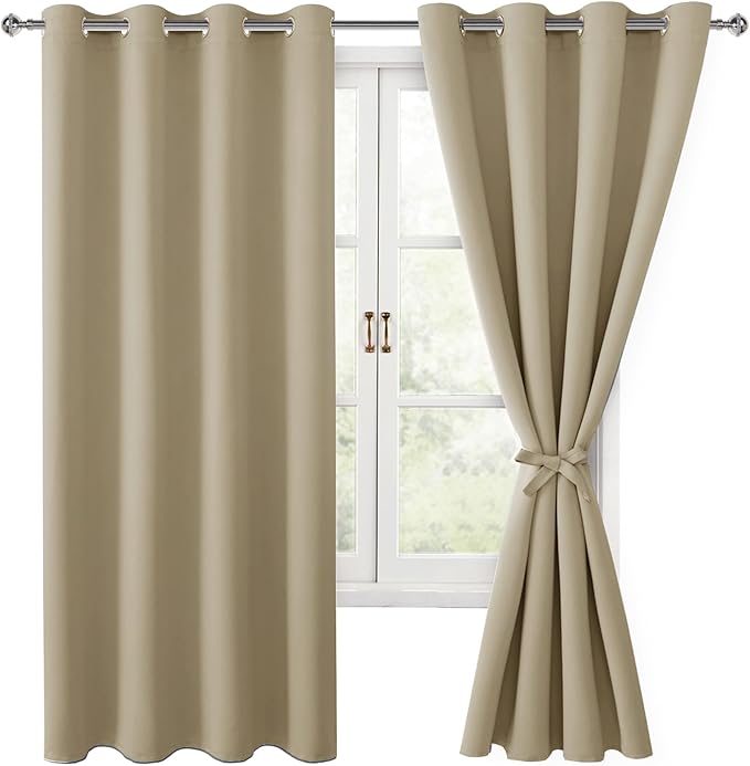 Hiasan Blackout Curtains for Bedroom, 52 x 63 Inches Length - Thermal Insulated & Light Blocking Window Curtains for Living Room, 2 Drape Panels Sewn with Tiebacks, Taupe - Image 9