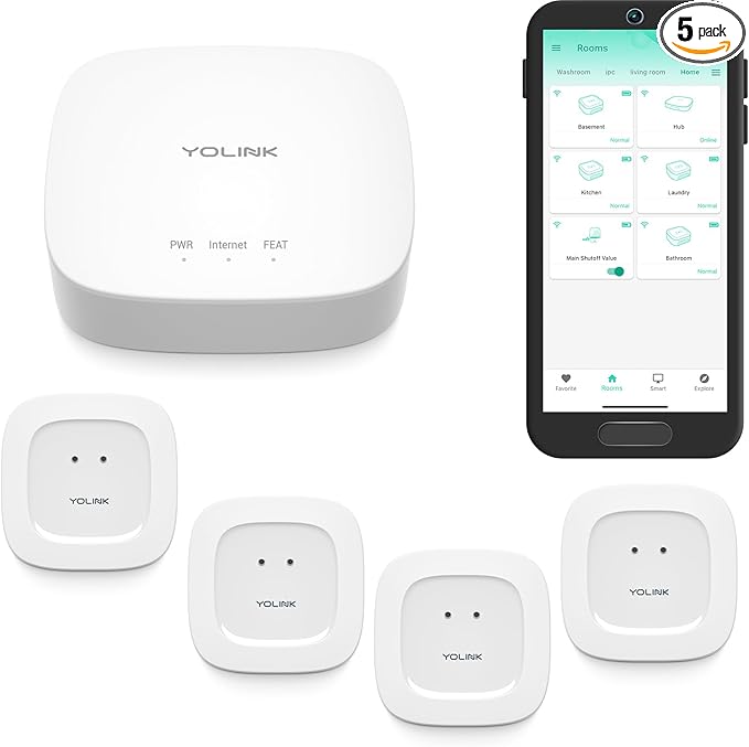 YoLink Water Leak Starter Kit: Hub + 4 Leak Sensor 1 (Silent), LoRa Long-Range, App/SMS/Email Alerts, D2D Offline Triggers, 2 AAA Up to 5-Year Battery, Compatible with Alexa/IFTTT/Home Assistant by YoLink