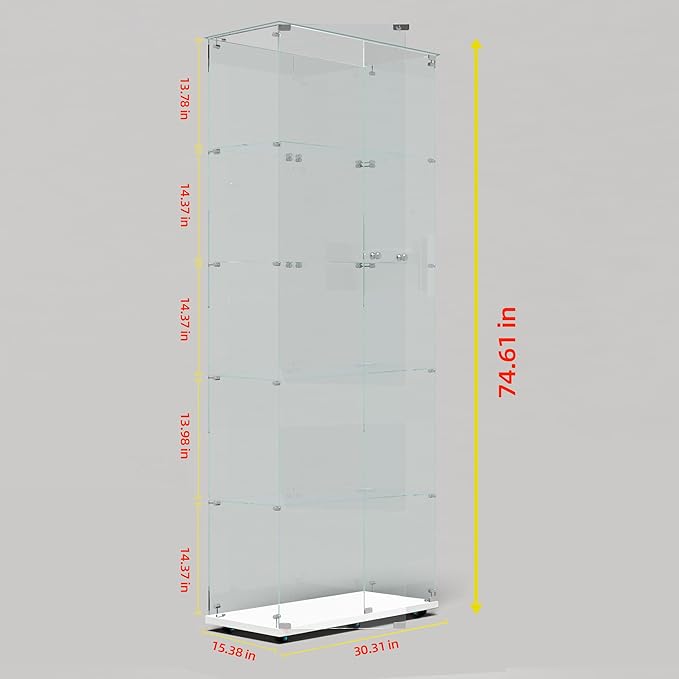 Yoluckea 5 Tiers Glass Display Cabinet with Bluetooth LED Light Strip, 2 Doors Floor Standing Curio Cabinet with Universal Wheel for Home Office Display,White Glass Bookshelf for Collections,Clear Top - Image 2