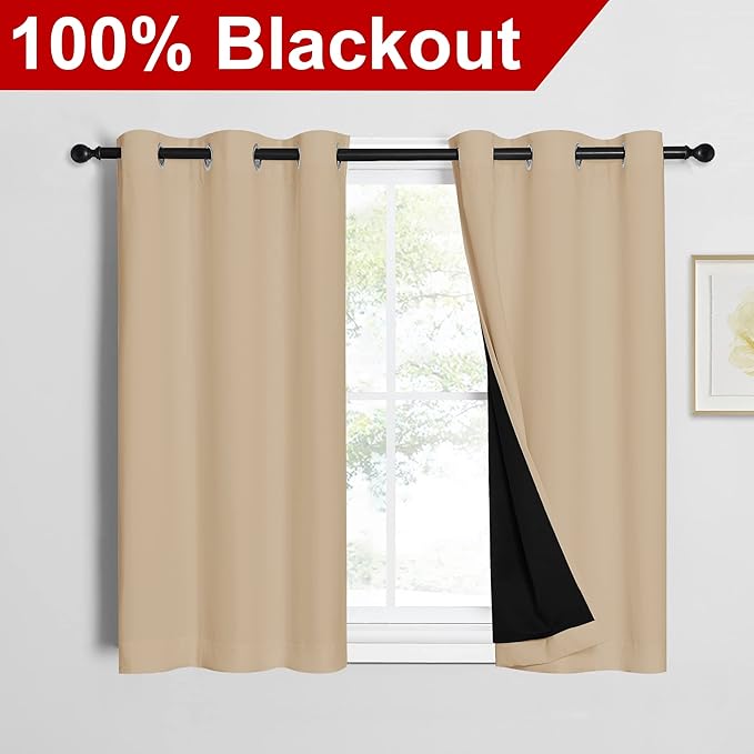 NICETOWN Biscotti Beige Bedroom Full Blackout Curtain Panels, Super Thick Insulated Window Covers, Complete Blackout Draperies with Black Liner for Short Window(Set of 2, 42 by 45-inch) - Image 2