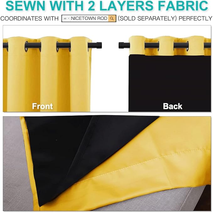 NICETOWN Blackout Window Curtain Panels, Heat and Cold Blocking Drapes for Nursery, 84 inches Drop Thermal Insulated Draperies for Patio Sliding Glass Door (Bright Yellow, 2 Pieces, 52 inches Wide) - Image 4