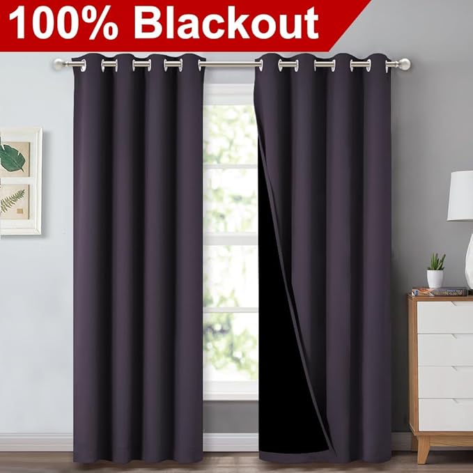 NICETOWN 100% Blackout Curtains 84" Long, Greyish Purple, 52" Wide, Pair of Energy Smart & Noise Blocking Out Drapes for Baby Room Window, Thermal Insulated Guest Room Lined Window Dressing - Image 2