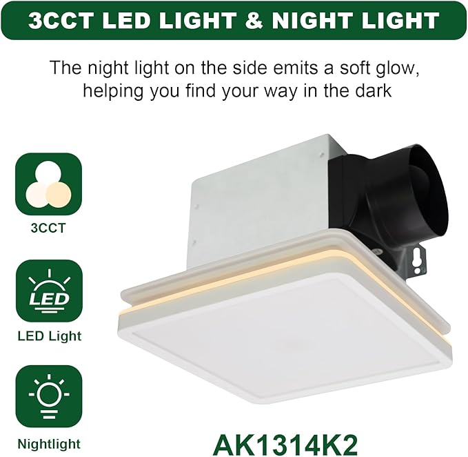 Akicon Bathroom Exhaust Fan with Light, 80CFM 2.0 Sones Exhaust Fan for Bathroom Ceiling, 15W Dimmable 3CCT LED Shower Lights & 3.5W Nightlight Vent Fan for Home, Square, White - Image 4