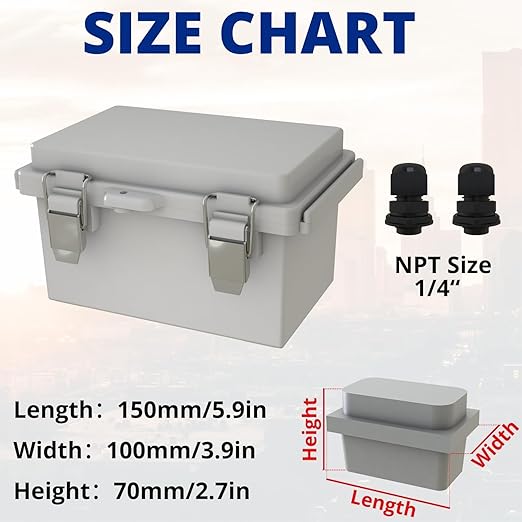 MAKERELE Small Waterproof Electrical Box Outdoor IP67 ABS Plastic Enclosure with Mounting Plate,Hinged Grey Cover,Wall Bracket,Stainless Steel Buckle and 1/4" NPT*2 (5.9"×3.9"×2.7") - Image 2