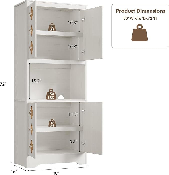 Garvee 72" Tall Pantry Cabinet, Kitchen Hutch Storage Cabinet with Countertop for Microwave, Freestanding Wooden Cupboard with Carved Door & Crystal Handle, for Dining Room, Living Room, Antique White - Image 6