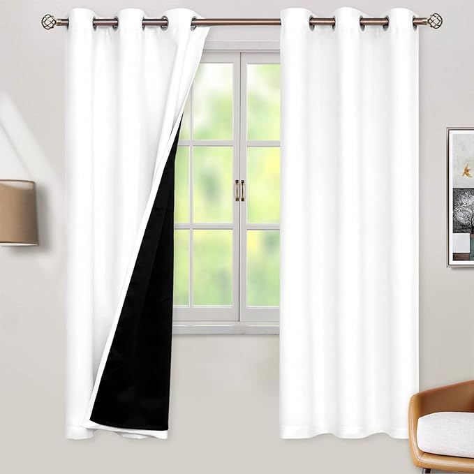 BGment Thermal Insulated 100% Blackout Curtains for Bedroom with Black Liner, Double Layer Full Room Darkening Noise Reducing Grommet Curtain (42 x 72 Inch, Pure White, 2 Panels) by BGment