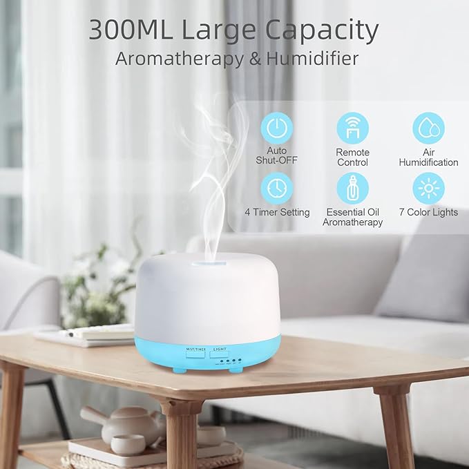 300ML Essential Oil Diffuser with Remote Control, 7 LED Color Changing Light, 8 Hour Cool Mist Fragrance Air Humidifier - Image 2