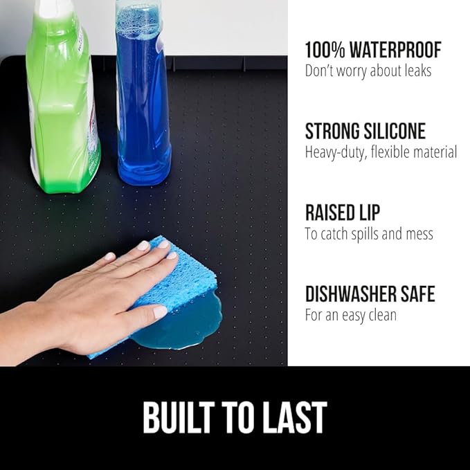 GORILLA GRIP Waterproof Silicone Under Sink Mat with Raised Lip for Kitchen and Bathroom, Cabinet Shelf Liner Stay in Place Mats Dishwasher Safe Drawer Liner, Organizer Tray, 19 x 22 in, Black - Image 2