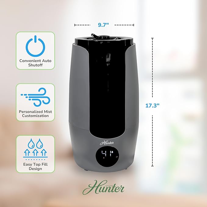 Hunter HHU400 Ultrasonic Humidifier - Vibration Technology Air Humidifier w/Long Lasting Mist for Large Spaces - Hunter Humidifiers for Bedroom Extension Wand & 360 Degree Nozzle, 2.19 Gal. Graphite - Image 2