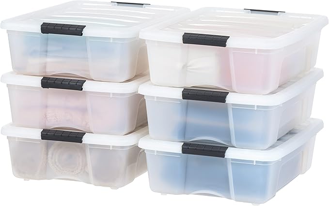 IRIS USA 27 Qt Stackable Plastic Storage Bins with Lids, 6 Pack - BPA-Free, Made in USA - Discreet Organizing Solution, Latches, Durable Nestable Containers, Secure Pull Handle - Pearl by IRISUSA