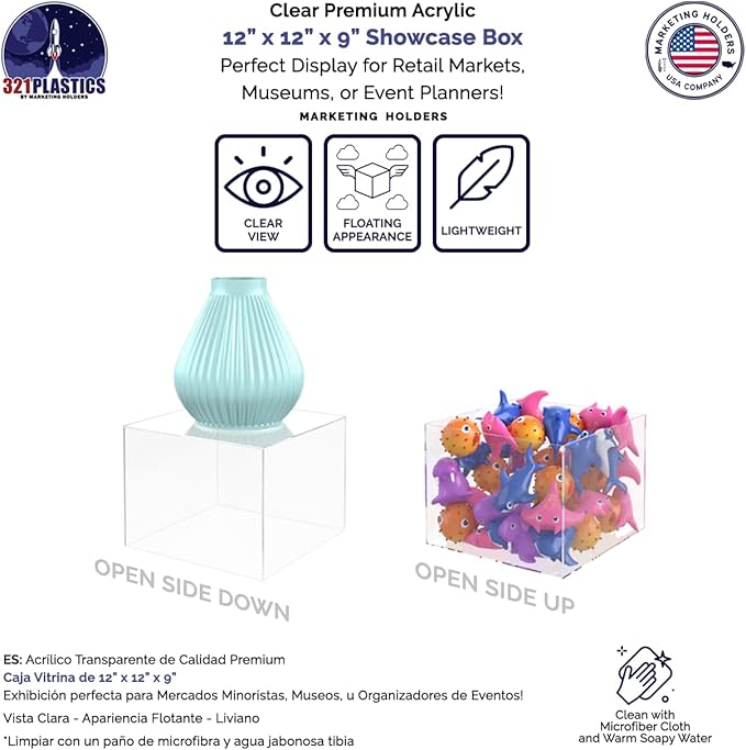 2 Pack Acrylic Display Riser Box with One Open Side Versatile 12" x 12" x 9" No LId Clear Dust Cover Retail Product Riser or Merchandise Storage Bin by Marketing Holders - Image 3