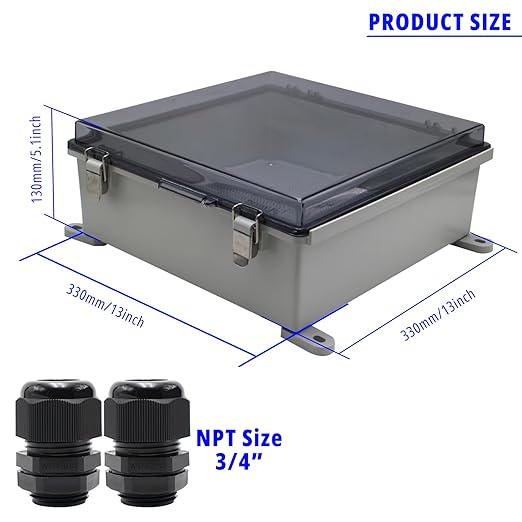 MAKERELE Outside Electrical Box Plastic Enclosure IP67 Waterproof junction Box Clear Cover Plate with Stainless Steel Buckles 13×13×5.1 inch(330×330×130mm) - Image 2