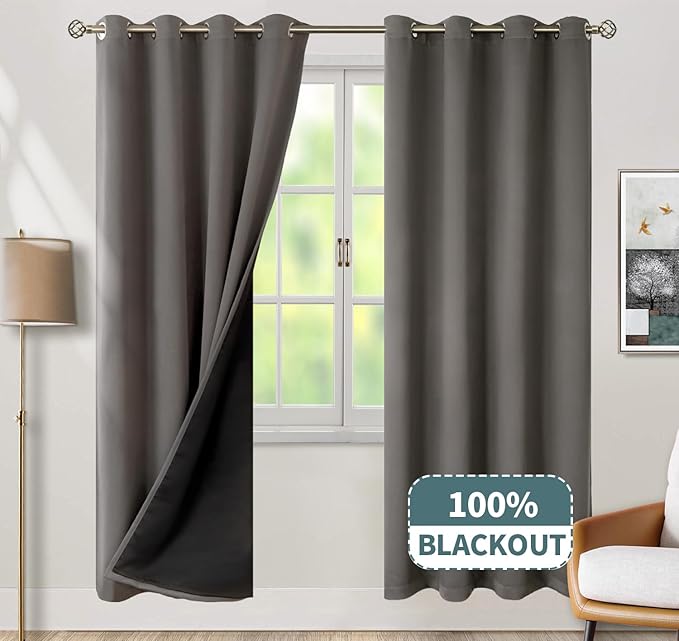 BGment Grey Blackout Curtains for Bedroom Window 84 Inch Length 2 Panels Set, 100% Light Blocking Thermal Insulated Grommet Drapes for Living Room Darkening with Black Liner, 52 Inch Wide Each - Image 8