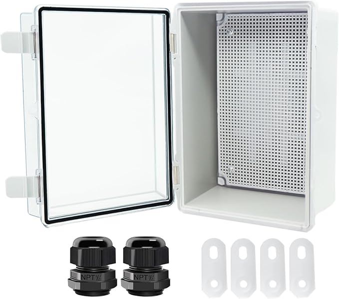 Junction Box, Hinged Clear Cover IP67 Waterproof ABS Project Box with 2 NPT 1/2" Cable Gland, Electrical Box Enclosure with Mounting Plate & Wall Bracket 11.4 x 7.5 x 5.5inch(290x190x140mm) by Otdorpatio