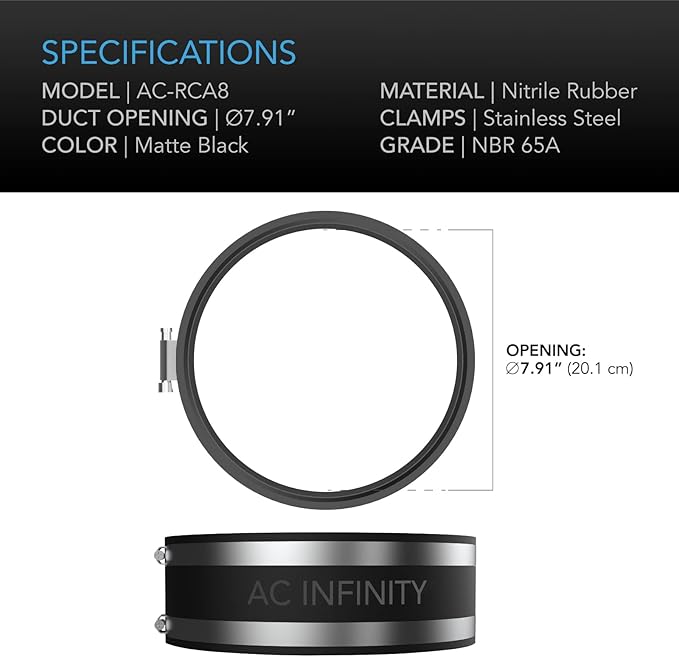 AC Infinity Noise Reduction Clamp 8-Inch, Duct Coupler with Stainless Steel Clamps, Flexible Rubber Coupling for Inline Fans and Carbon Filters in Growing and HVAC - Image 5