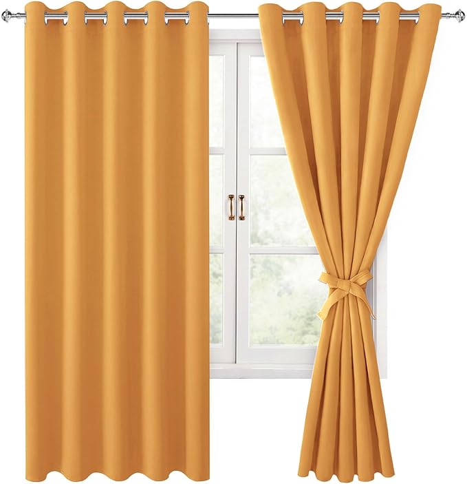 Hiasan Blackout Curtains for Bedroom, 60 x 63 Inches Length - Thermal Insulated & Noise reducing Window Curtains for Living Room, 2 Drape Panels Sewn with Tiebacks, Pumpkin Orange by Hiasan