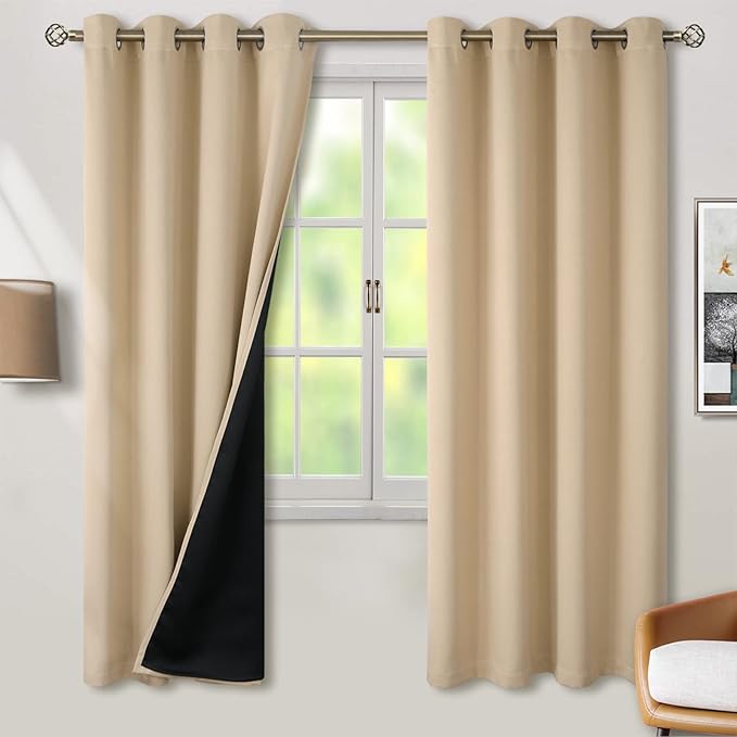 BGment Thermal Insulated 100% Blackout Curtains for Bedroom with Black Liner, Double Layer Full Room Darkening Noise Reducing Grommet Curtain (52 x 72 Inch, Beige, 2 Panels) by BGment