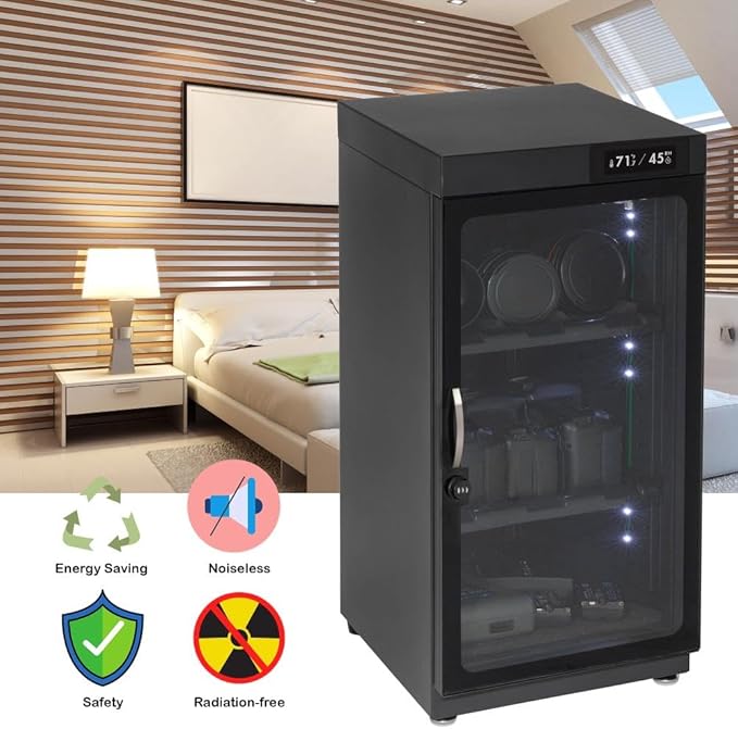 50LT Electronic Dry Cabinet for Camera, Lens & Electronics – Silent Dehumidifying Storage, Touchscreen Humidity Control (60‑35% RH), 2 Adjustable Shelves, LED Light, Lock, Energy Saving - Image 6