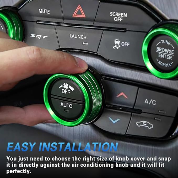 3PCS Air Conditioner Switch Button Knob Cover, Auto Accessories Climate Control Knob Covers, Aluminum Alloy Knob Ring Trim Cover Compatible with Dodge Challenger Durango 2015-2022 (Green) - Image 5