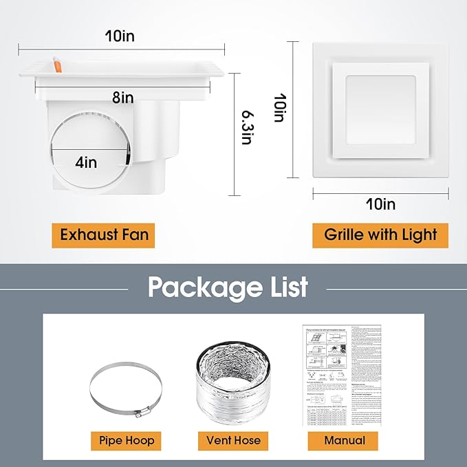 FEITON Bathroom Exhaust Fan with Light, Ceiling Mount, 110 CFM 1.0 Sones 4 Inch Duct, Quiet Square Bath Fan Light Combo, Shower Exhaust Fan with Light - Image 7