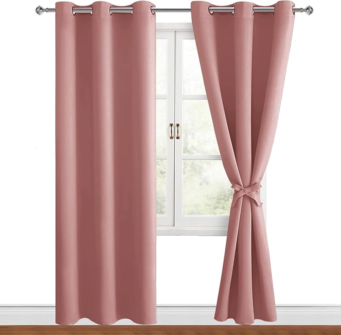 Hiasan Blackout Curtains for Bedroom, 42 x 84 Inches Long - Thermal Insulated & Energy Saving Window Curtains for Living Room, 2 Drape Panels Sewn with Tiebacks, Dusty Rose by Hiasan