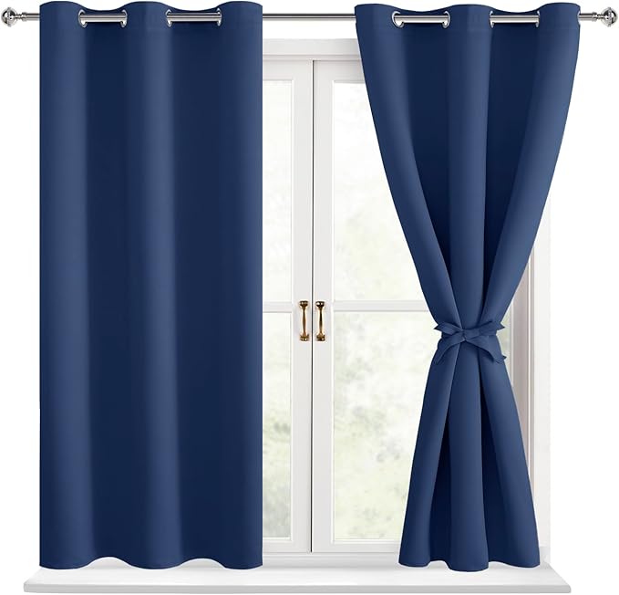 Hiasan Blackout Curtains for Bedroom - Light Blocking & Noise Reducing Window Curtains for Living Room, 2 Drape Panels Sewn with Tiebacks, Navy, 38 x 54 Inch by Hiasan