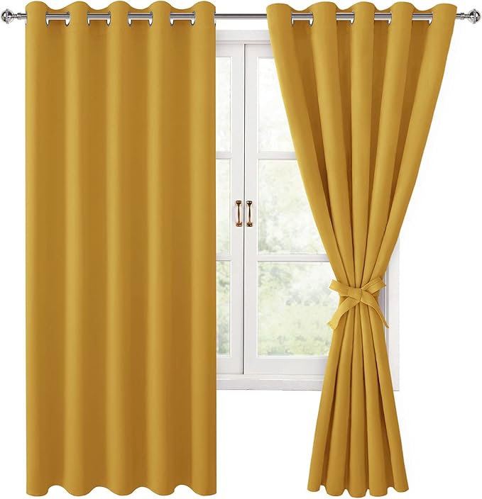 Hiasan Grommet Blackout Curtains for Bedroom, 60 x 72 Inches - Thermal Insulated & Light Blocking Window Drapes for Living Room/Dorm Room, Set of 2 Panels Sewn with Tiebacks, Mustard Yellow by Hiasan