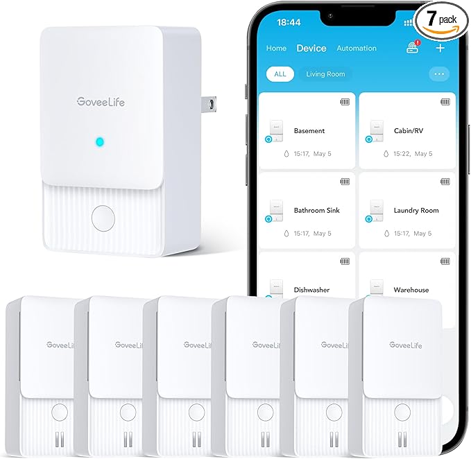 GoveeLife Premium Smart Water Leak Detector 2 with 1968ft Ultra-Long Range, WiFi Water Sensor with SMS/Email/APP Push and Sound Alarm, 5-Year Battery Life, Suitable for Home, Basement, Kitchen, 6 Pack by GoveeLife