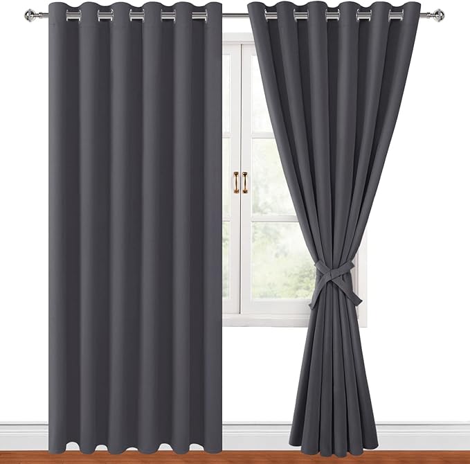 Hiasan Grommet Blackout Curtains for Bedroom, 70 x 84 Inches - Thermal Insulated & Light Blocking Window Drapes for Living Room/Dorm Room, Set of 2 Panels Sewn with Tiebacks, Dark Grey - Image 6