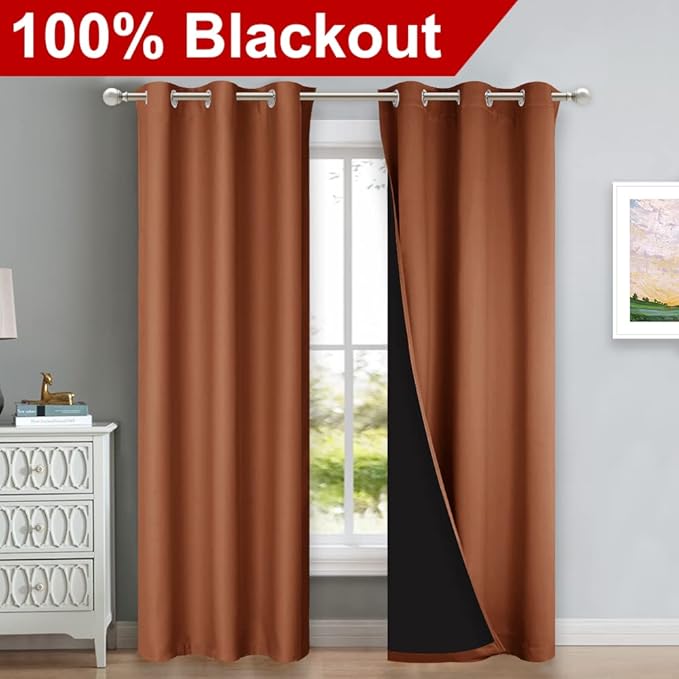NICETOWN Burnt Orange Blackout Curtains 84 inches Long, Full Light Blocking Drapes with Black Liner for Nursery, Thermal Insulated Draperies for Hall, Villa (2 Pieces, 42" Wide Each Panel) - Image 2