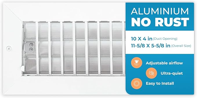 Aluminum 10 x 4 Inch Air Vent Covers Wall AC Grille – Premium Register Vent Cover – Durable Rustproof Aluminum Wall Vent – Multi-Shutter Damper – Individually Adjustable Front Blades, White by Air360