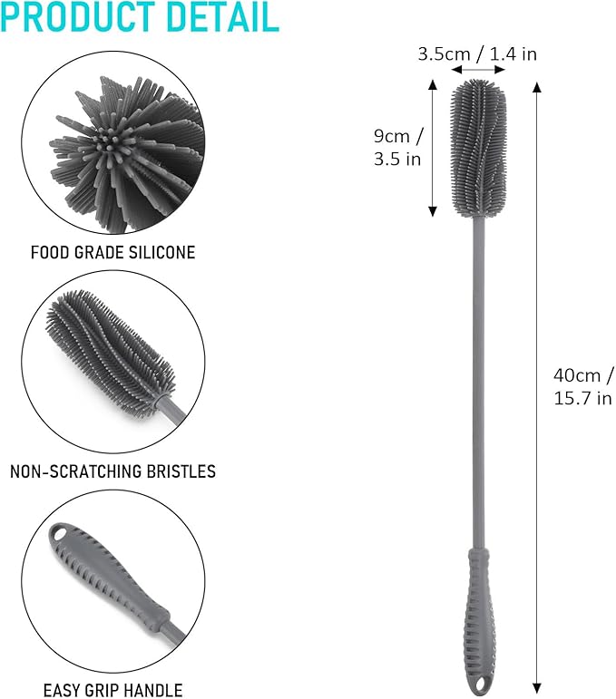 15.7" Silicone Bottle Brush, ddLUCK Water Bottle Cleaner Brush for Stanley, Hydroflasks, Glass, Thermos Sports Bottle, Vase and Glassware, Bottle Brush Cleaner for Small Narrow Neck Containers (Gray) - Image 3