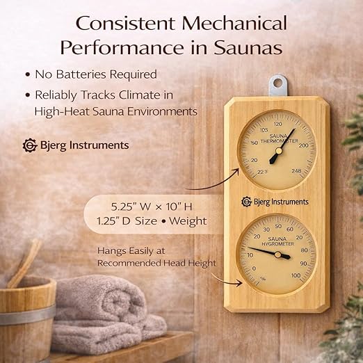 Sauna Thermometer and Hygrometer - 2-in-1 Indoor Analog Temperature & Humidity Gauge with Pine Wood Frame, for Sauna Rooms - 3.5" Dial Wall-Mounted Meter (0–100% RH, Up to 248°F) - Image 5