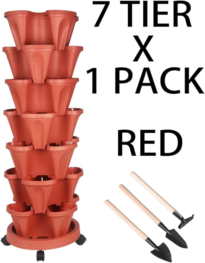 GameXcel Vertical Planter 7 Tier Stackable Planters Garden Planters Strawberry Herb Flower and Vegetable Planter Indoor Outdoor Gardening Pots with Removable Wheels and Tools - Image 8
