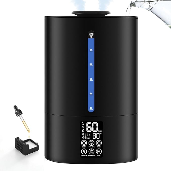 6L Humidifiers for Bedroom Large Room Home,Cool and Warm Humidifier for Baby and Plants Hot Mist Top Fill Desk Humidifier Oil Diffuser,Quiet,Auto Mode,360°Nozzle-Midnight Black(2026 Upgraded) by Coolfiqu