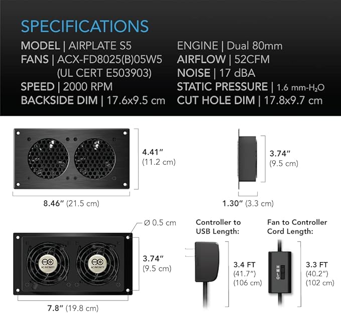 AC Infinity AIRPLATE S5, Quiet Cooling Fan System 8" with Speed Control, for Home Theater AV Cabinets (Pack of 2) - Image 6