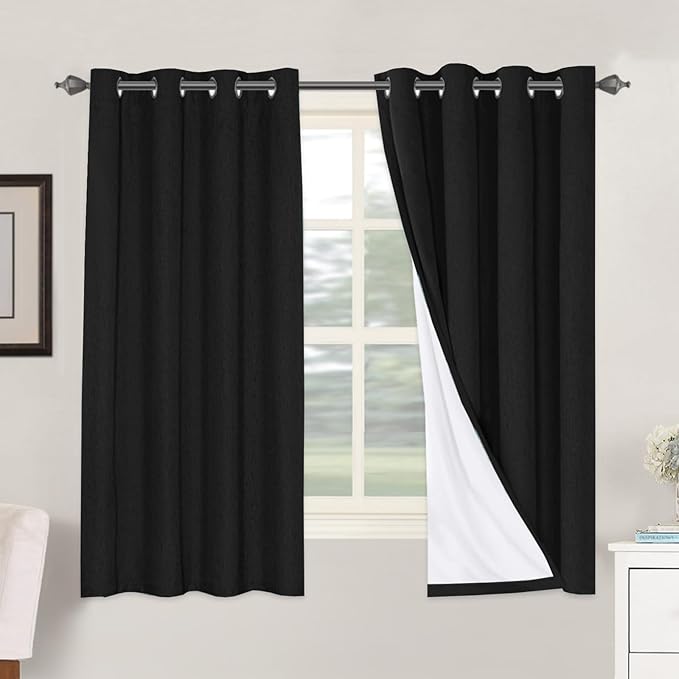 H.VERSAILTEX Linen Blackout Curtains 63 Inches Long 100% Blackout Thermal Insulated Textured Linen Look Curtain Draperies Anti-Rust Grommet, Energy Saving with White Liner, 2 Panels, Black by HVERSAILTEX