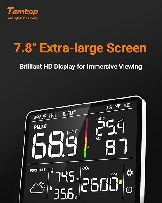 Temtop Air Quality Monitor Indoor PM2.5 CO2 Detector, 8-in-1 Smart Air Quality Weather Station with PM2.5 PM10 CO2 Temperature Humidity Sensor Weather Forecast for Home - Image 6