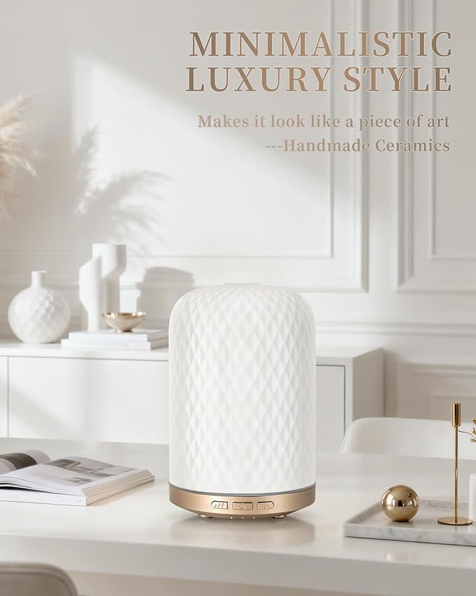 Essential Oil Diffuser,120ML 2.4MHz Ultrasonic Aromatherapy Diffusers for Essential Oils Large Room, Ceramic Diffusers Decorative Aroma Diffuser, Ideal Air Diffusers for Home, Room Decor, Yoga, White - Image 3