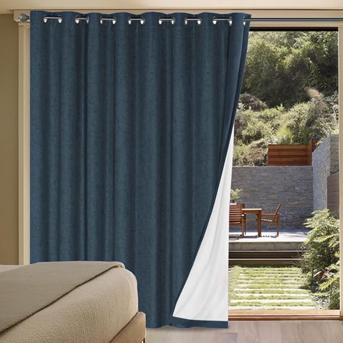 H.VERSAILTEX Linen Blackout Curtains Durable Thick Textured Linen Look 100% Blackout Patio Door Curtain Anti Rust Grommet Extra Wide Sliding Door Curtain Panel, W100 x L84 inch - Navy by HVERSAILTEX