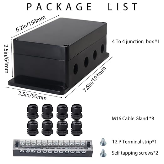 Watertight Junction Box, IP67 Waterproof Electrical Project Box with 12P 15A Barrier Terminals,4 in/4 Out Cable Glands Electronic Enclosure 6.22" x 3.54" x 2.36" - Image 7
