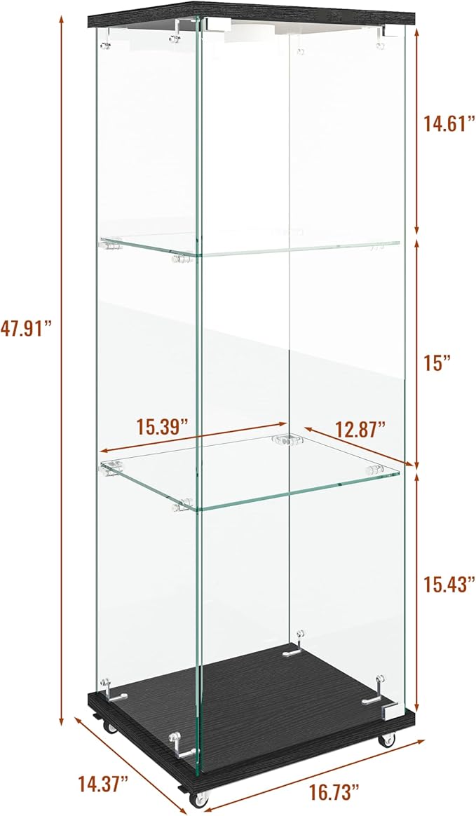 Yoluckea 3-Shelf Glass Display Cabinet with LED Lights, 1-Door Floor Standing Curio Cabinet with Universal Wheel for Home or Office, Black Glass Bookshelf for Collections, Decor, and Corner Display - Image 2
