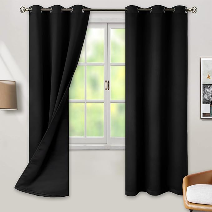 BGment Black Out Curtains 72 Inch Long - Black Blackout Curtains for Bedroom Thermal Insulated Double Layer Full Room Darkening Noise Reducing Grommet Drapes, 2 Panels of 42 x 72 Inch by BGment