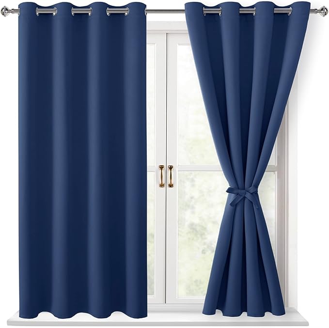 Hiasan Blackout Curtains for Bedroom, 52 x 54 Inches Long - Thermal Insulated & Energy Saving Window Curtains for Living Room, 2 Drape Panels Sewn with Tiebacks, Navy by Hiasan