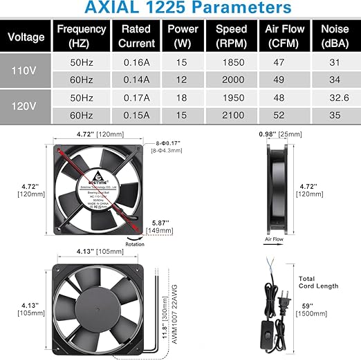 GDSTIME 120mm x 25mm 110V 115V 120V AC Powered Fan Dual Ball Bearing for DIY Cooling Ventilation Exhaust Projects - Image 6