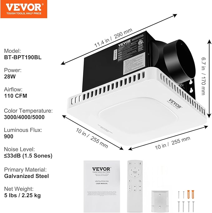 VEVOR Bathroom Exhaust Fan, 110 CFM High-Efficiency Ventilation, Remote Control, 1.5sones Low Noise Bathroom Ceiling Fan with LED Light 3000/4000/5000K, Energy-Saving, Timer - Image 7