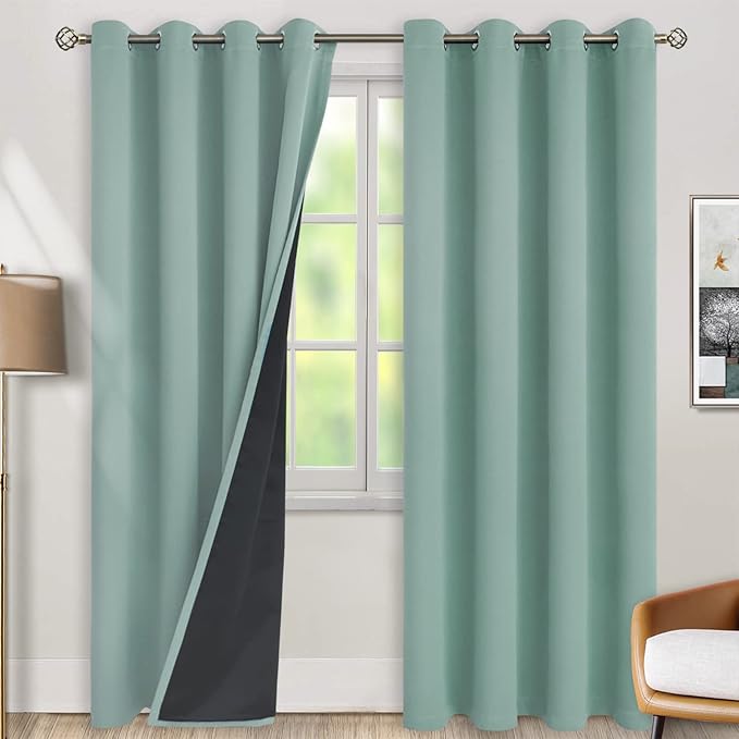 BGment Thermal Insulated 100% Blackout Curtains for Bedroom with Black Liner, Double Layer Full Room Darkening Noise Reducing Grommet Curtain (52 x 84 Inch, Frosty Green, 2 Panels) by BGment
