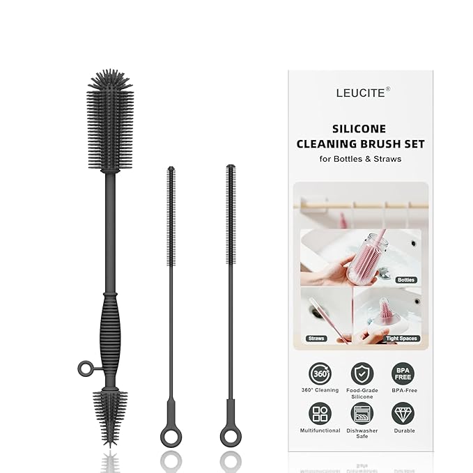 Silicone Cleaning Brush Kit,Water Bottle and Straw Cleaner Brush Set for Tumbler,Baby Bottle,Breast Pump Part,Nipple,Sippy Cup,Glass,Dishwasher Safe,BPA Free,3 Pcs by Leucite
