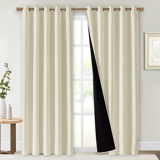 NICETOWN Living Room Completely Shaded Draperies, Privacy Protection & Noise Reducing Ring Top Drapes, Black Lined Insulated Window Treatment Curtain Panels (Beige, 2 Pieces, W70 x L84) by NICETOWN