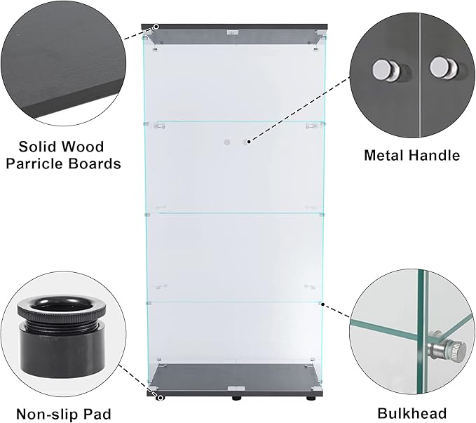 Yoluckea 4 Shelves Glass Display Cabinet with 2 Doors, Curio Collection Glass Display Case for Home Office, Floor Standing Bookshelf Corner Cabinet for Book, Toys, Glory (Black) - Image 5